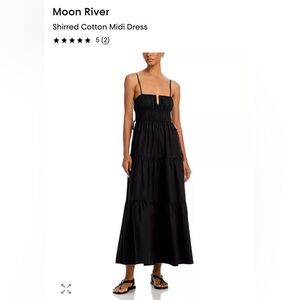Moon River Black Shirred Cotton Tiered Midi Dress